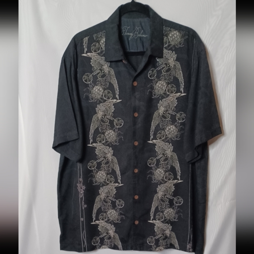 Tommy Bahama Grande Coast Black Silk Shirt With Birds.  XL